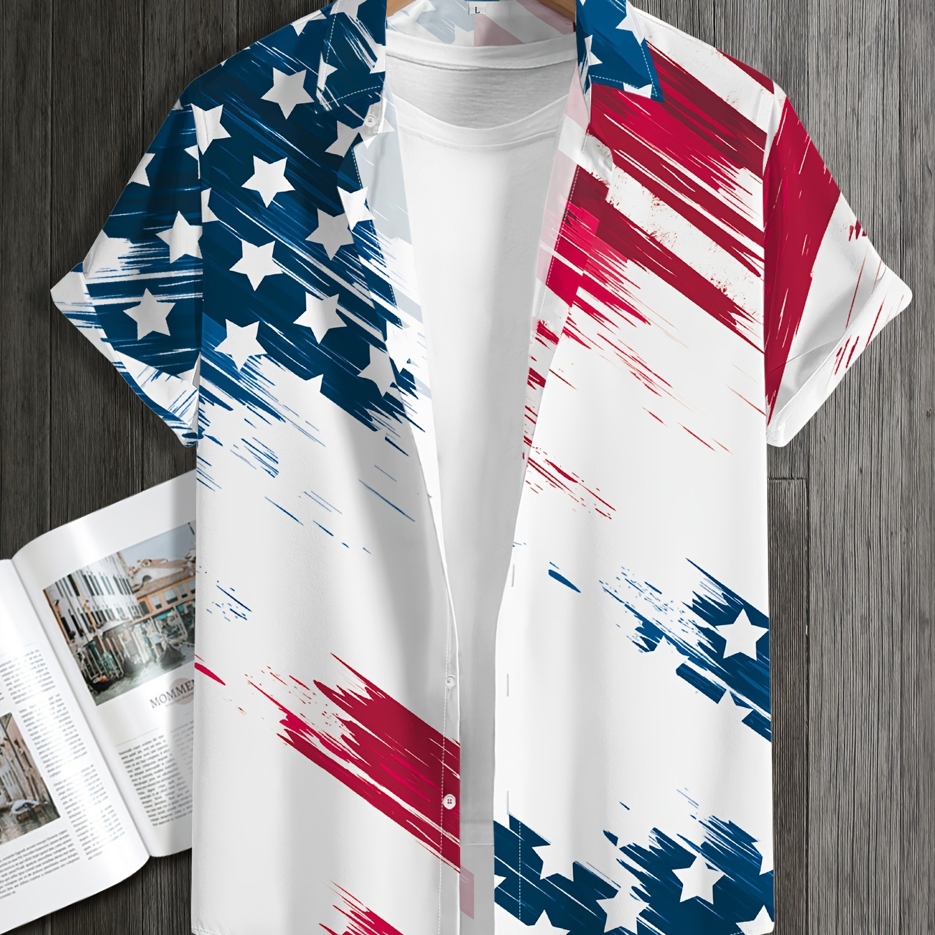 

Men's Flag Graphic Print Shirt, Stylish Lapel Button Up Short Sleeve Shirt For Summer Outdoor Activities