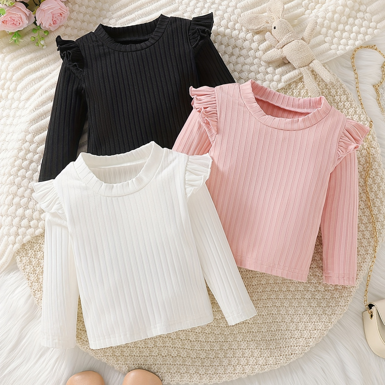 

Baby Girls Flying Sleeve Ribbed Knit Long Sleeve T-shirt 3pcs Kids Pullover Blouse