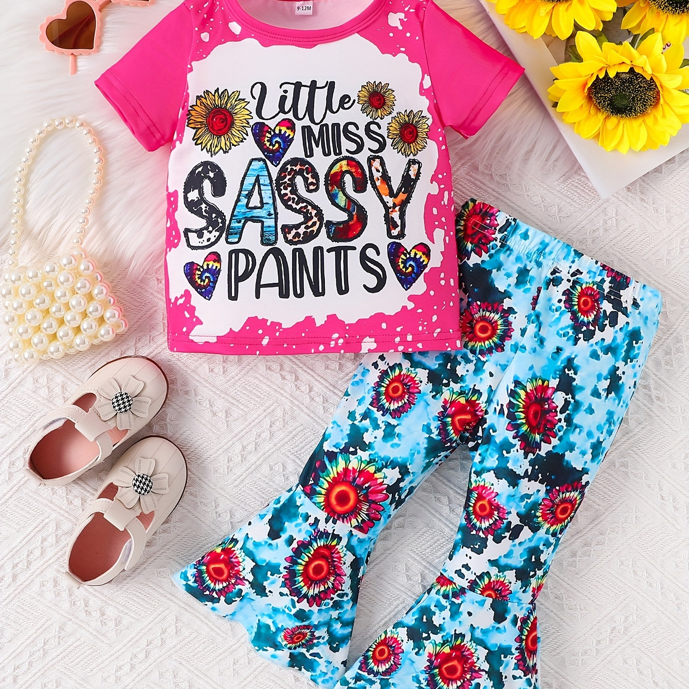 

2pcs Infant & Toddler's "little Miss Sassy Pants" Print Casual Set, T-shirt & Sunflower All-over Print Flared Pants, Baby Girl's Clothes