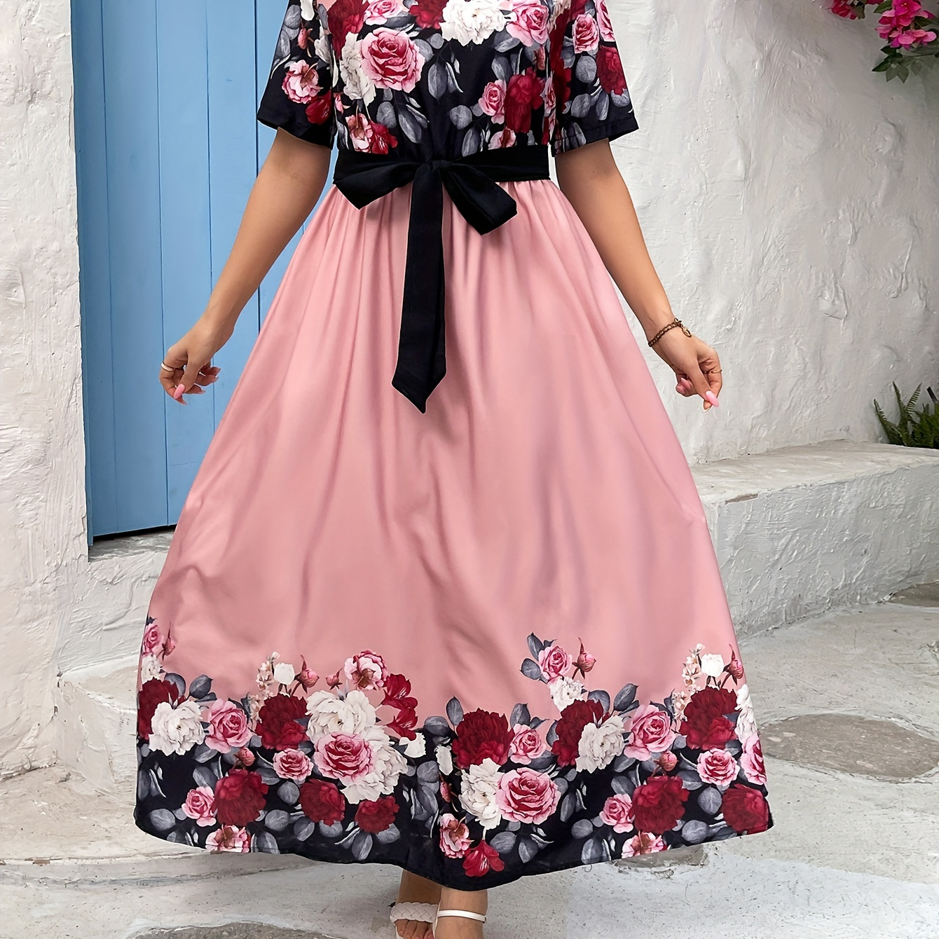 

Plus Size Floral Print Bow Tie Waist Dress, Casual Short Sleeve Dress For Spring & Summer, Women's Plus Size Clothing