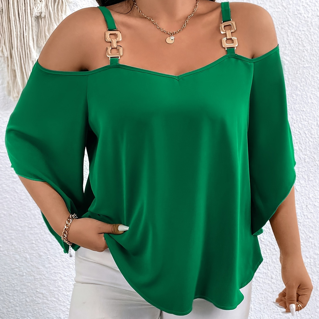 

Plus Size Cold Shoulder Blouse, Casual Chain Linked 3/4 Sleeve Blouse For Spring, Women's Plus Size clothing