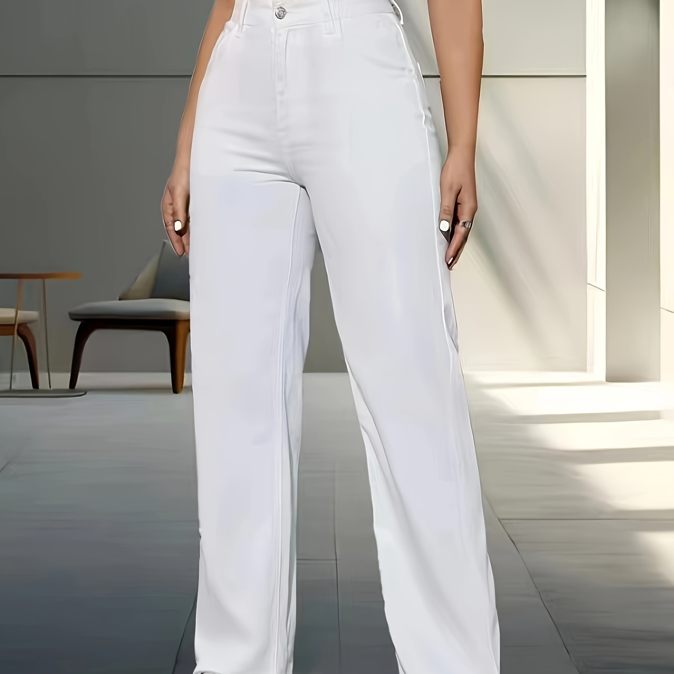 

Plain White Loose Fit Straight Leg Casual Style Zipper Button Closure Denim Pants, Women's Denim Jeans & Clothing