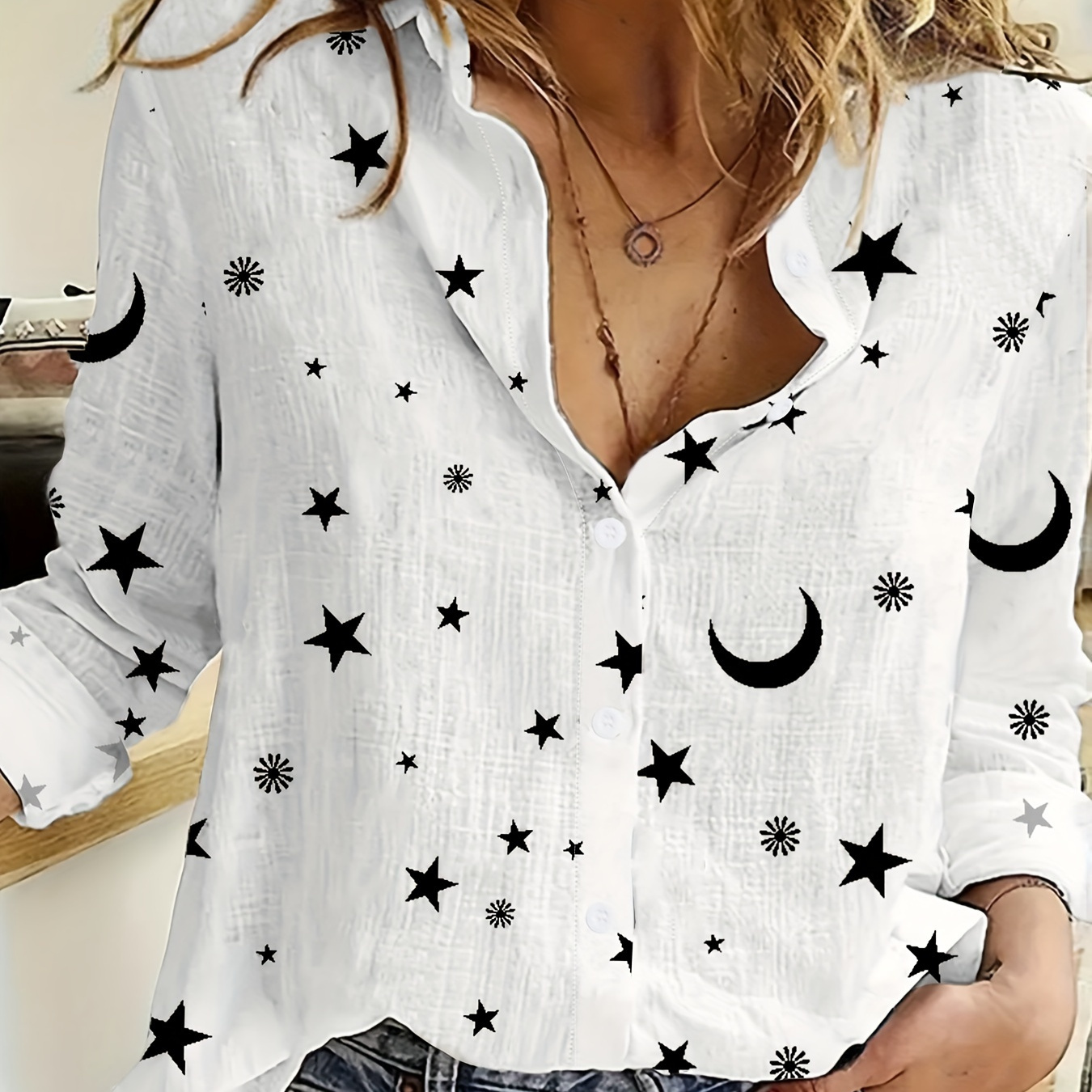 

Star & Moon Print Button Front Shirt, Casual Long Sleeve Blouse For Spring & Fall, Women's Clothing