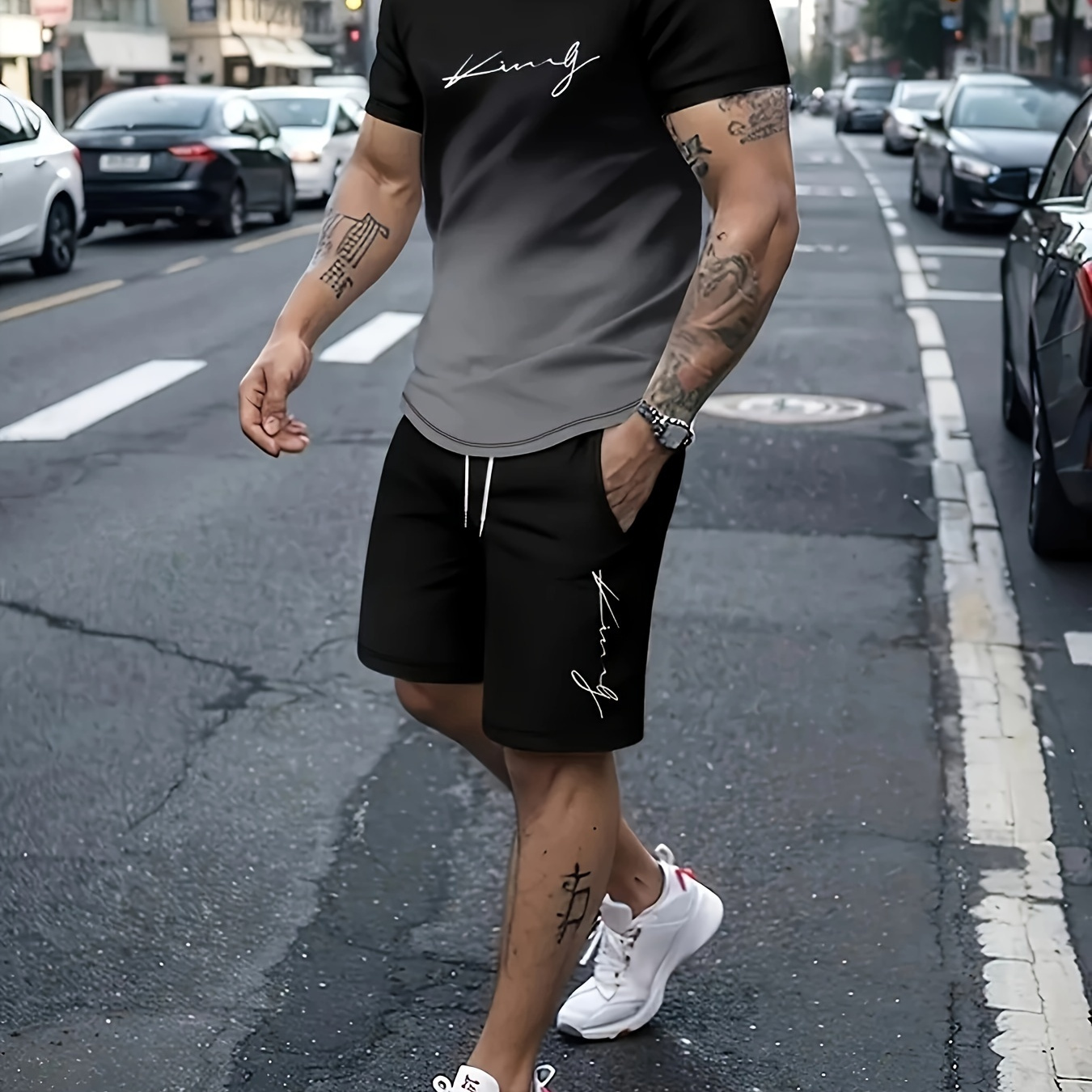 

Plus Size 2-piece Men's Fashionable Gradient Body Printed Pattern Short Sleeved Round Neck T-shirt And Drawstring Shorts Set, Comfortable And Breathable, Black Gray Size Men's Clothing