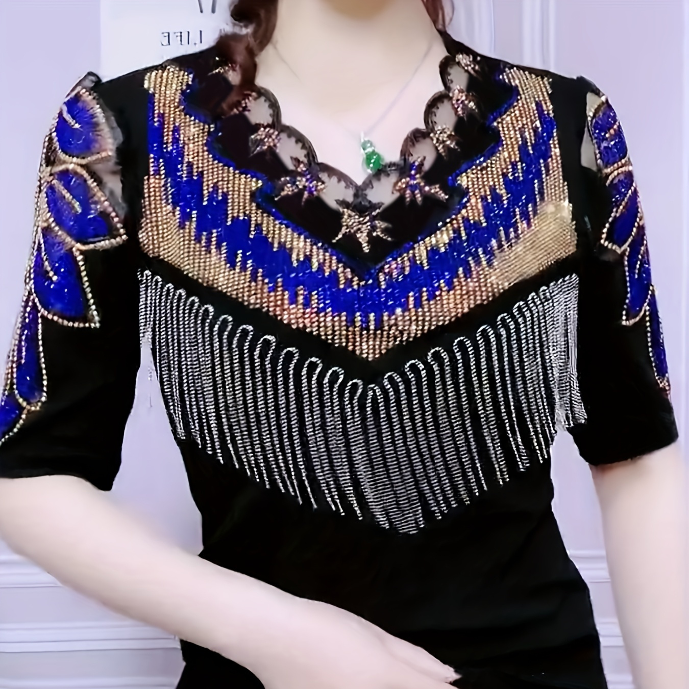 

Women's Fashion V-neck T-shirt With Rhinestone Tassel Detail, Stretch Fiber Knit Fabric, Short Sleeve Pullover Top, Plant Pattern, 95% Polyester 5% Spandex, 190g/m² - Black