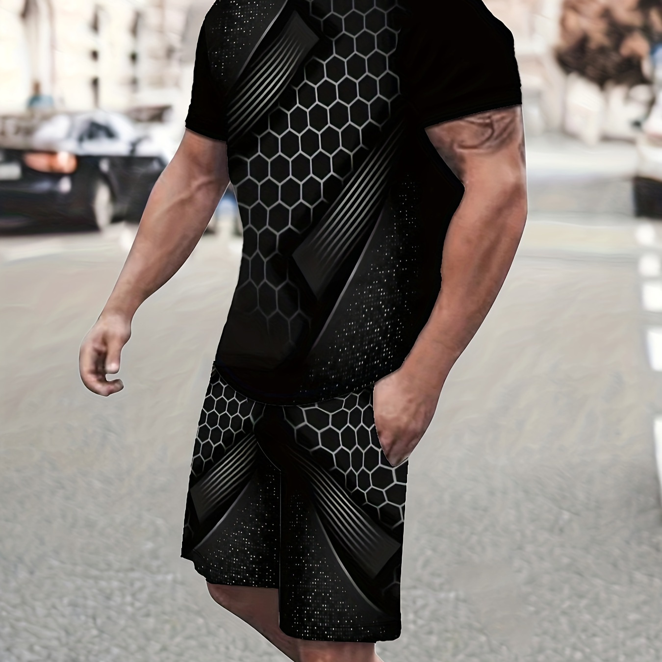 

Men's Outfit, Geometric Graphic Print Casual Crew Neck Short Sleeve T-shirt & Shorts 2-piece Set For Summer Outdoor Activities