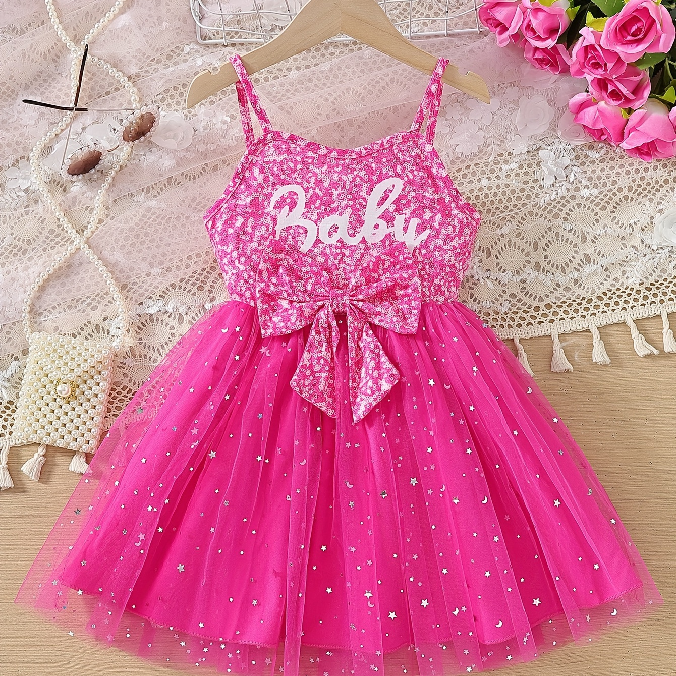 

Sequin Print Moon & Star Decor Bow Design Cami Tutu Dress Sweet Mesh Dress For Girls Summer Party Holiday Gift