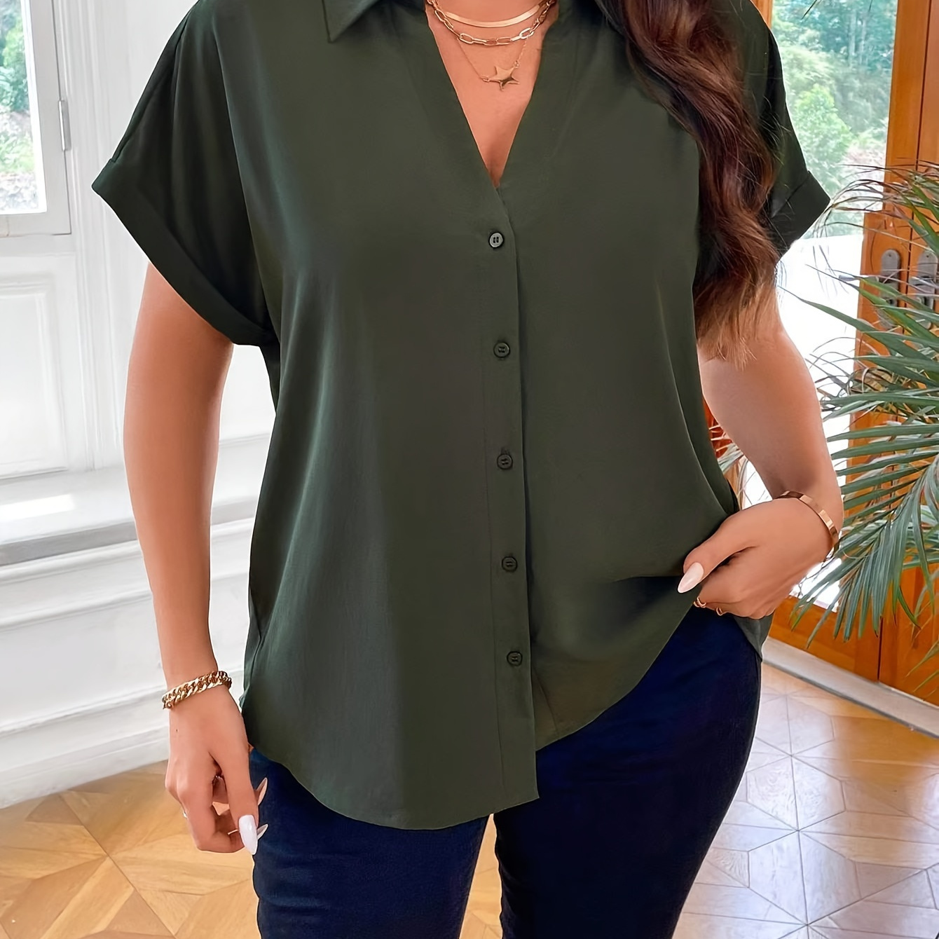 

Women's Casual Blouse, Plus Size Solid Button Up Bat Sleeve Turn Down Collar Blouse
