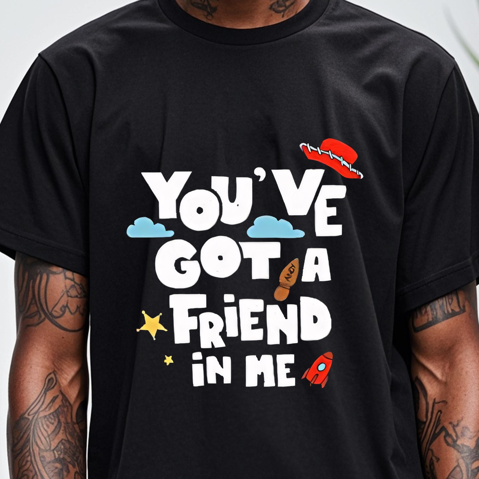 

You've Got A Friend In Me, Men's Stylish Graphic Tee, Black Cotton Crew Neck, Funny Print, Soft 100% Cotton, Breathable, Ultra-soft, Perfect For Running, Going Out, 4 Seasons