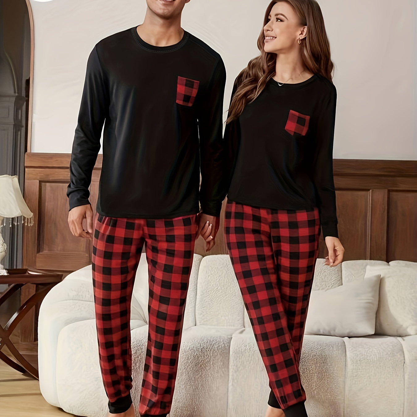 

Men's Long Sleeve Pajama Set, Pattern, Regular Fit, Knitted Fabric, Polyester, , Round Neck, Stretchy, With Pockets, For Autumn/winter