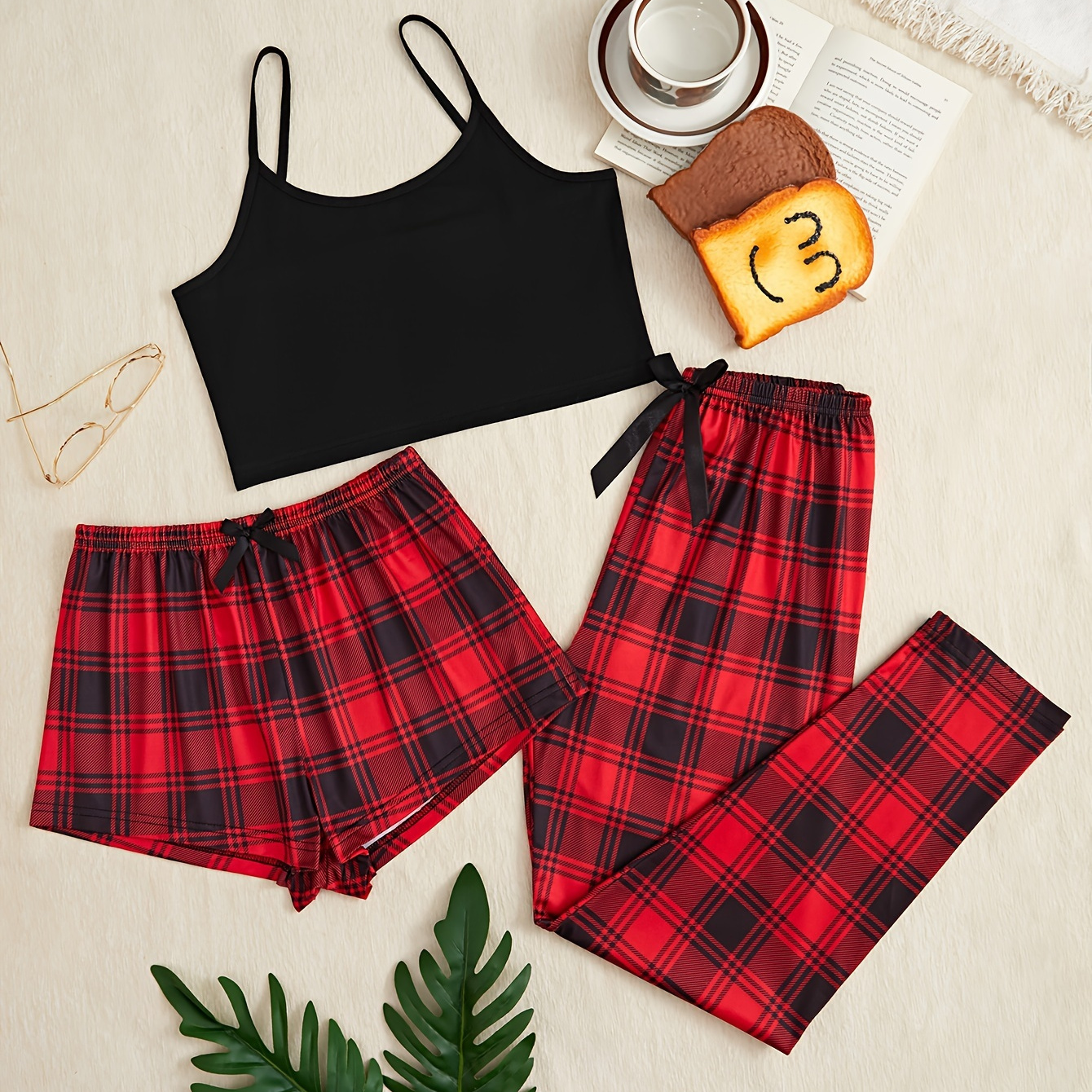 

Casual Plaid Print Bow Knot Decor Pajama Set, Crew Neck Crop Cami Top & Pants & Shorts, Women's Sleepwear & Loungewear