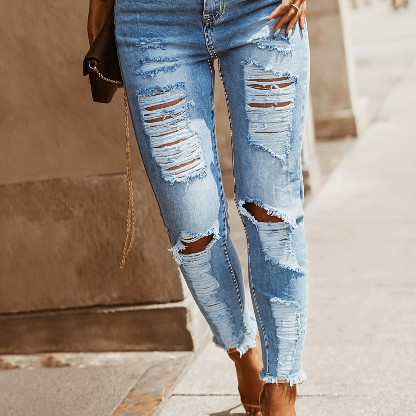 

Women's Plus Size Street Style High-waisted Distressed Ripped Skinny Jeans With Stretch, Ankle-length Denim Pants