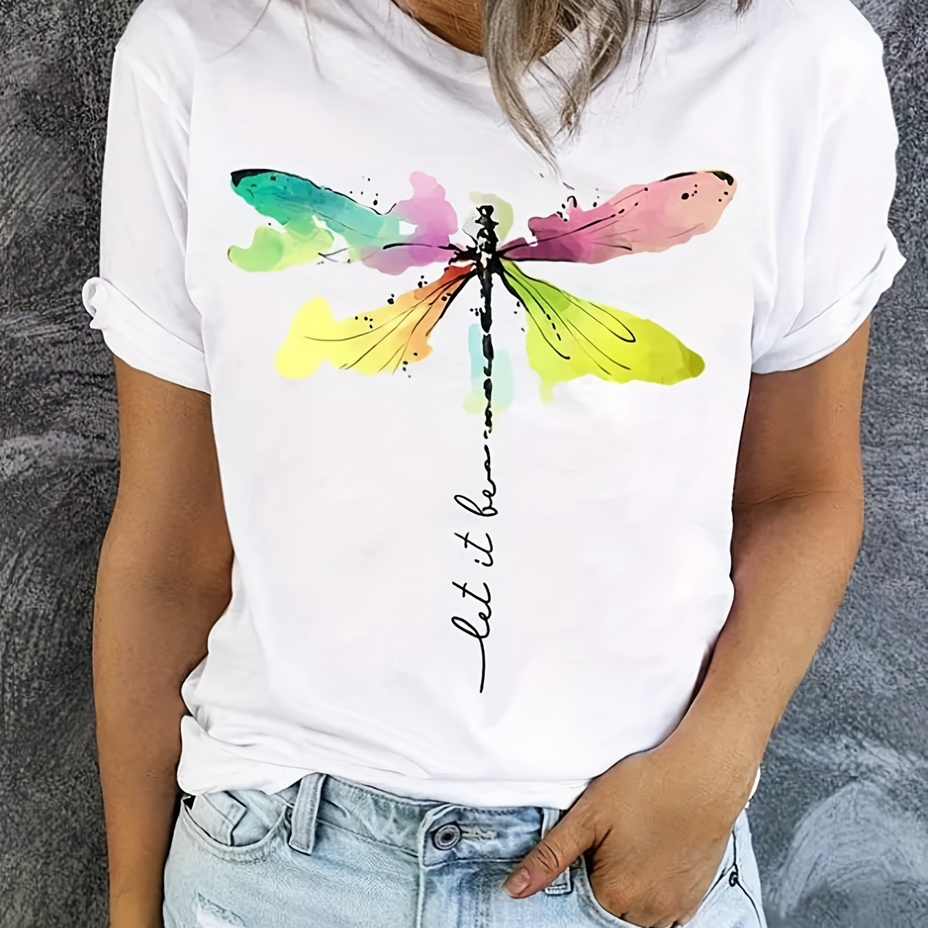 

T-shirt à col rond imprimé libellule, t-shirt décontracté à manches courtes pour le printemps et l'été, vêtements pour femmes