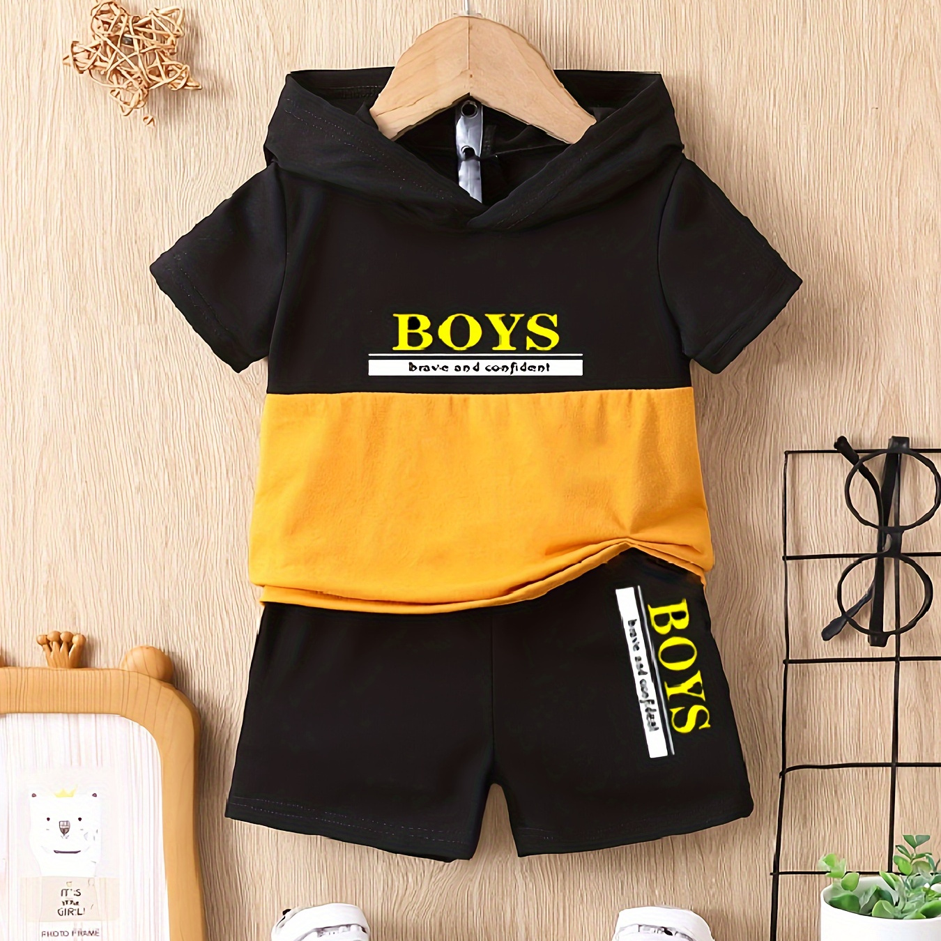 

2pcs Infant & Toddler's Color Clash Summer Outfit, Letter Print Hooded T-shirt & Casual Shorts, Baby Boy's Clothes