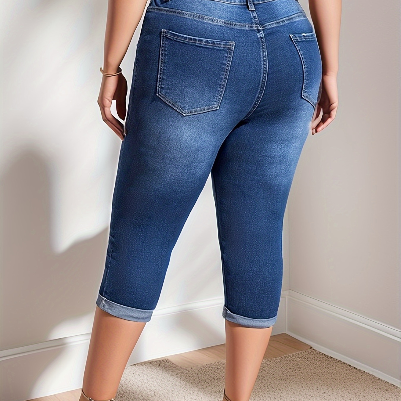 

Women's Basic Jeans, Plus Size Roll Up Hem Washed Blue Whiskering High Stretch Capri Denim Pants