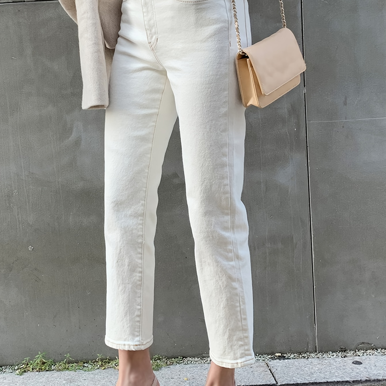 

Plain White Casual Jeans, Slash Pocket Versatile Denim Pants, Women's Denim Jeans & Clothing
