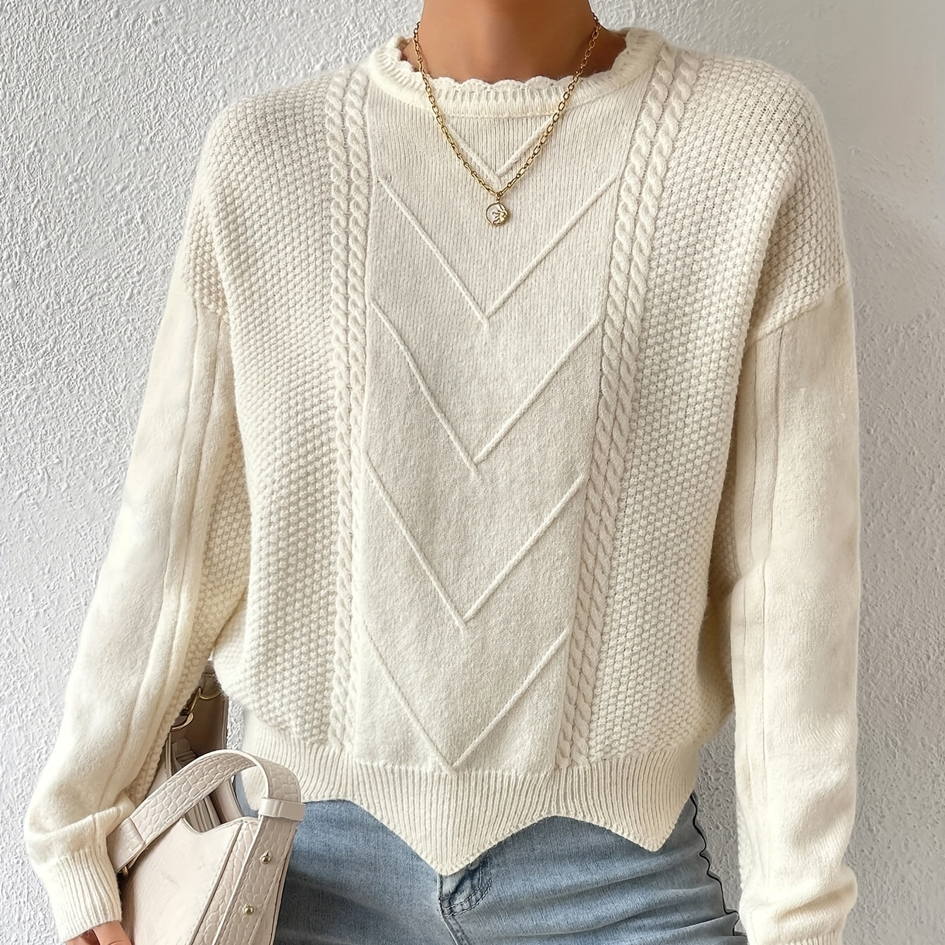 

Scallop Trim Crew Neck Sweater, Elegant Drop Shoulder Long Sleeve Sweater For Fall & Winter, Women's Clothing