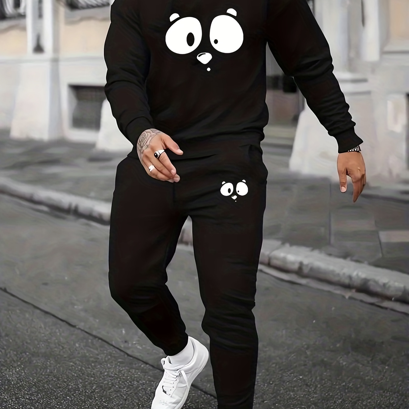 

Stylish Panda Print Men's 2 Pieces Outfits, Men's Sweatshirt And Sports Trousers, Men's Casual Wear For Spring Autumn