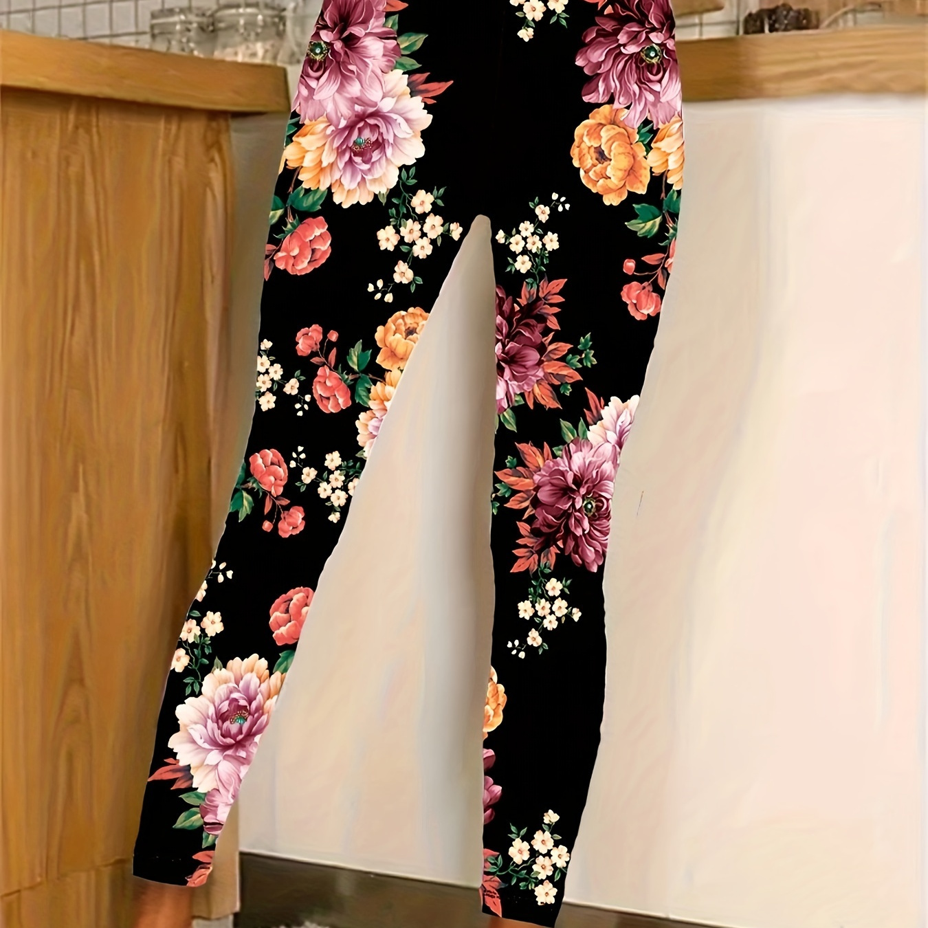 

Leggings skinny à imprimé floral grande taille, leggings extensibles à taille élastique décontractés pour le printemps et l'été, vêtements grande taille pour femmes