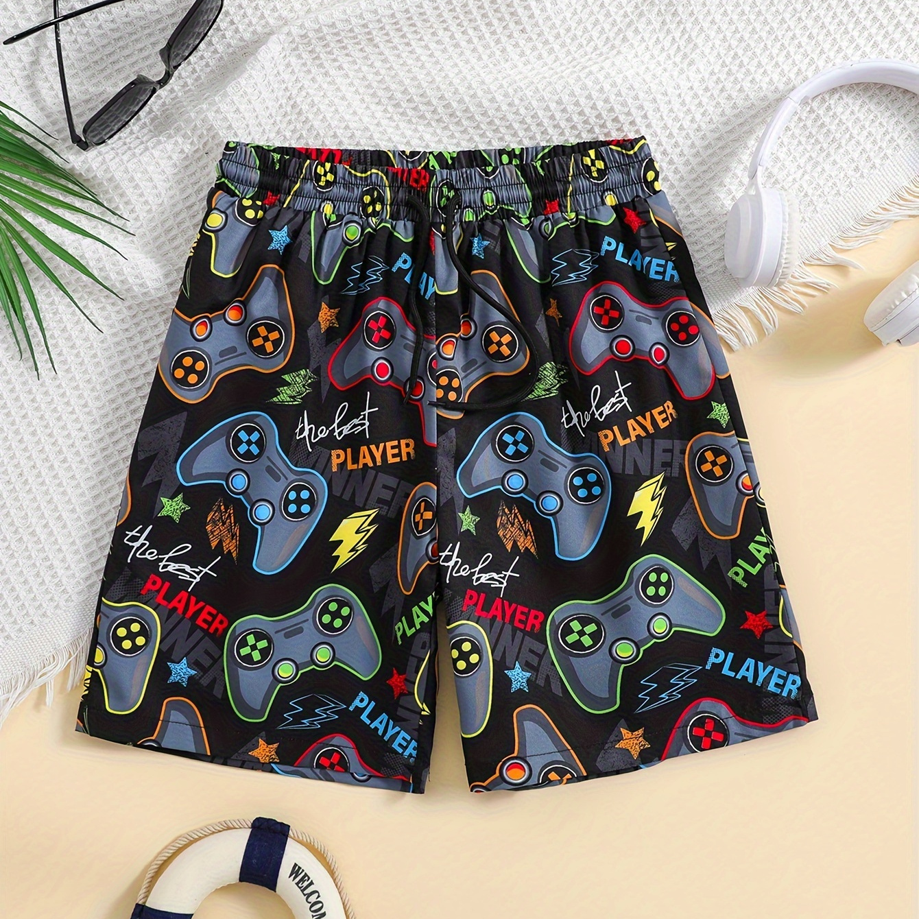 

Trendy Gamepad Print Boys Comfortable Creative Shorts, Casual Quick-drying Shorts For Summer Beach Outdoor