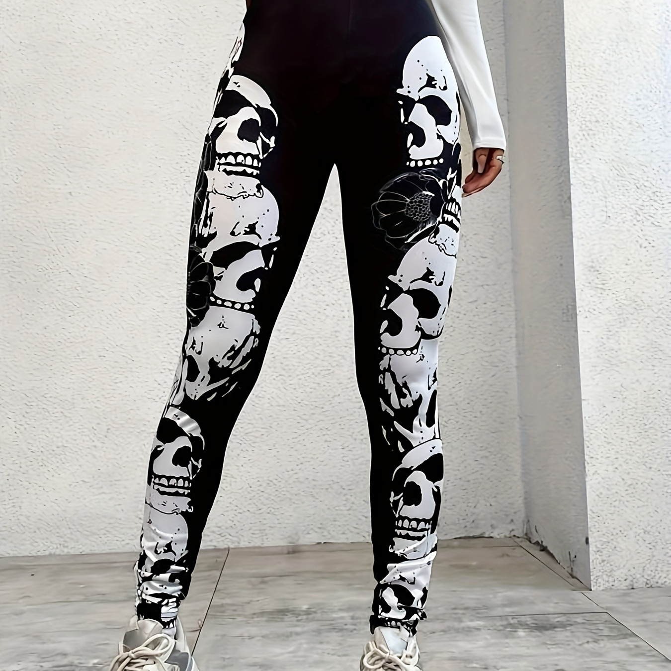 

Skull Print High Waist Leggings, Casual High Stretch Skinny Leggings For Every Day, Women's Clothing