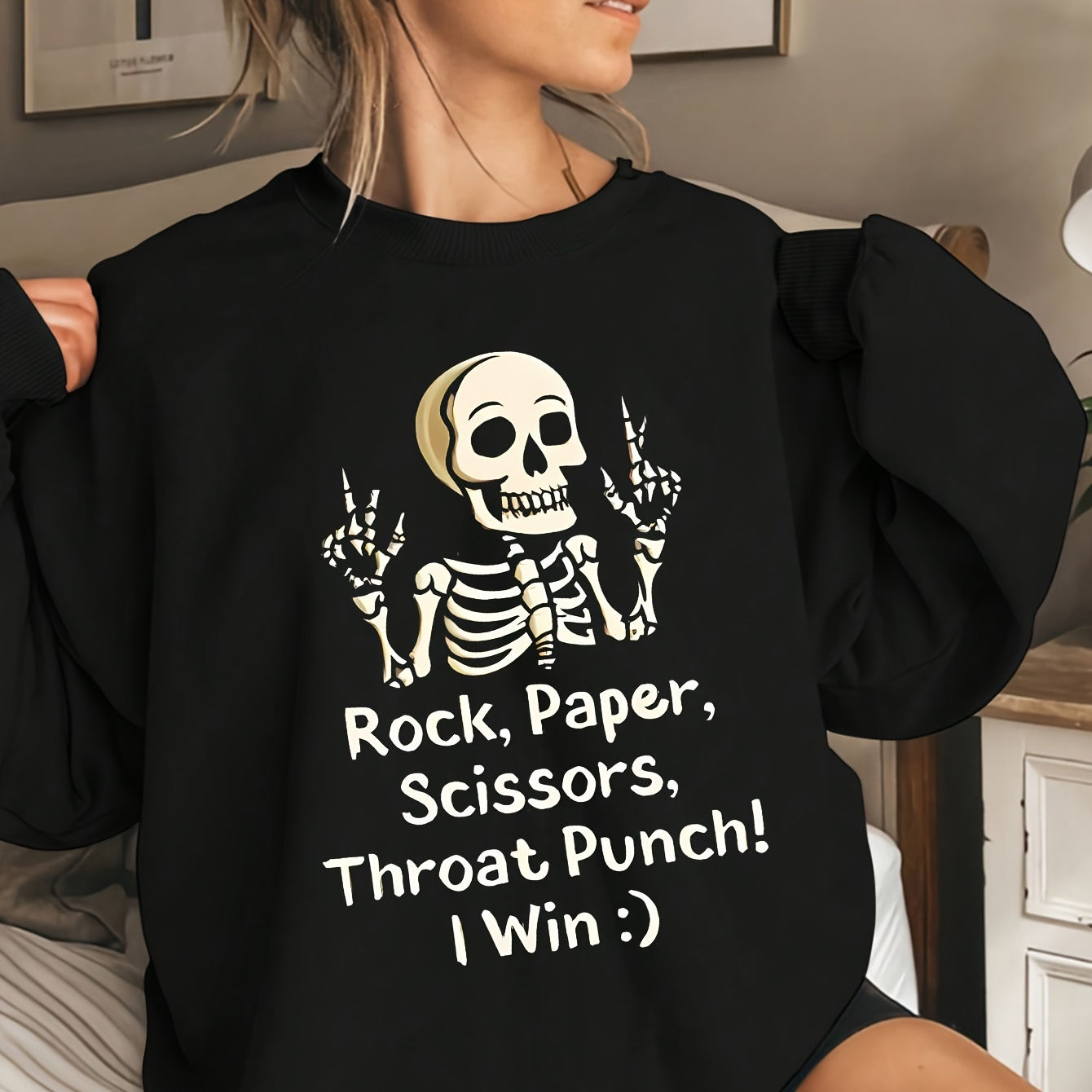 

Halloween Skeleton Graphic Crew Neck Sweatshirt - 100% Polyester Casual Long Sleeve Pullover With Rock Throat Punch Humorous Print