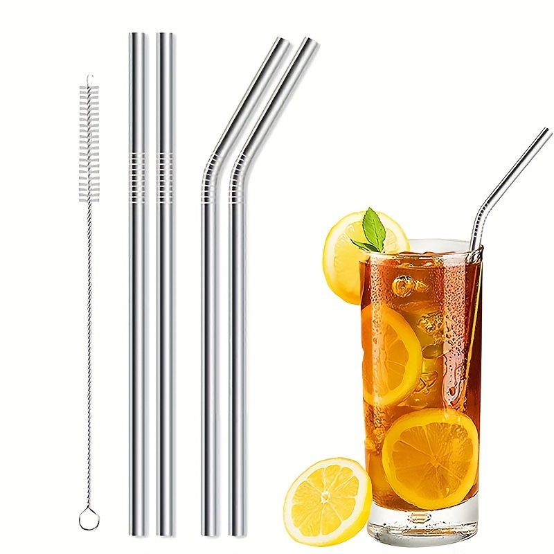 

4pcs Set Reusable Stainless Steel For 20/30oz Glasses, Stainless Steel Straws (2 Straight & 2 Curved), Dishwasher Safe, 1 Cleaning Brush Included Kitchen Accessories