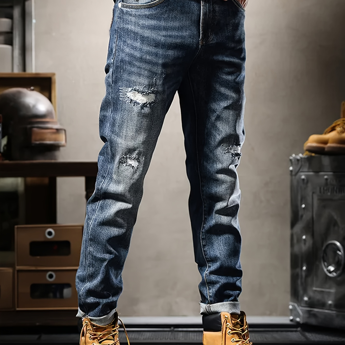 

Men's Straight Leg Distressed Ripped Jeans, Street Style Denim Pants For Men, Four-season Wear