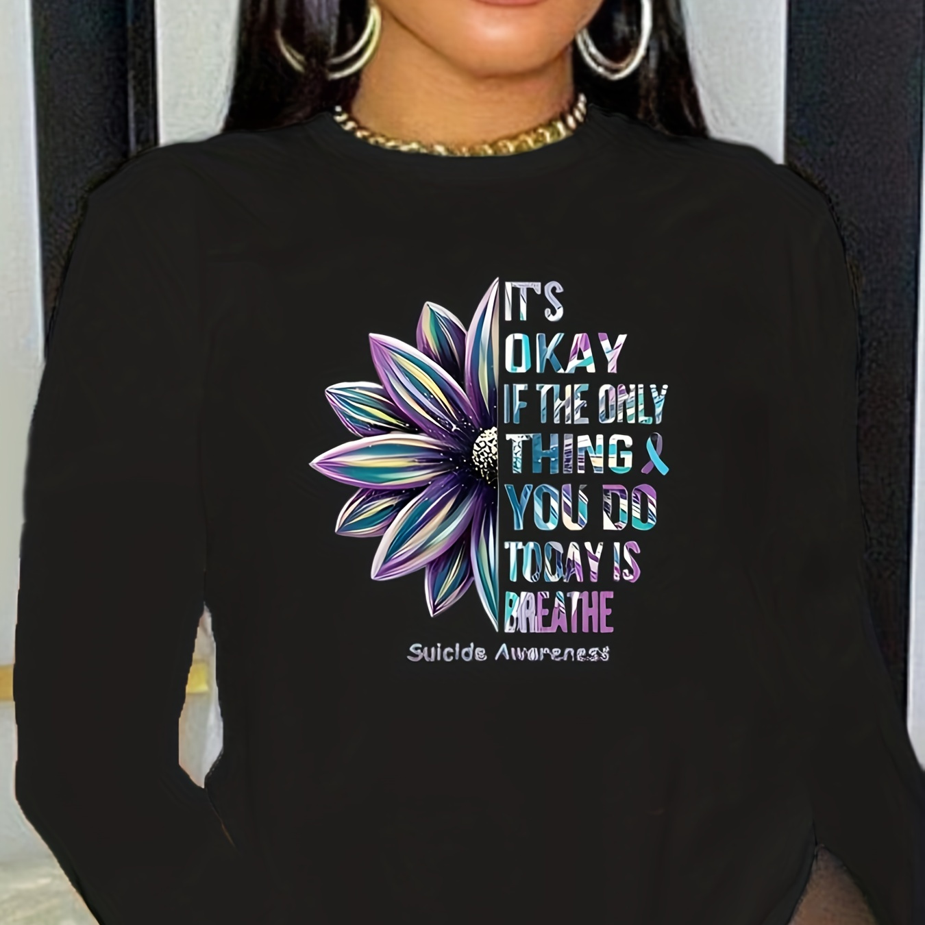 

Plus Size Casual T-shirt, Women's Plus Floral & Slogan Print Long Sleeve Round Neck Slight Stretch Top