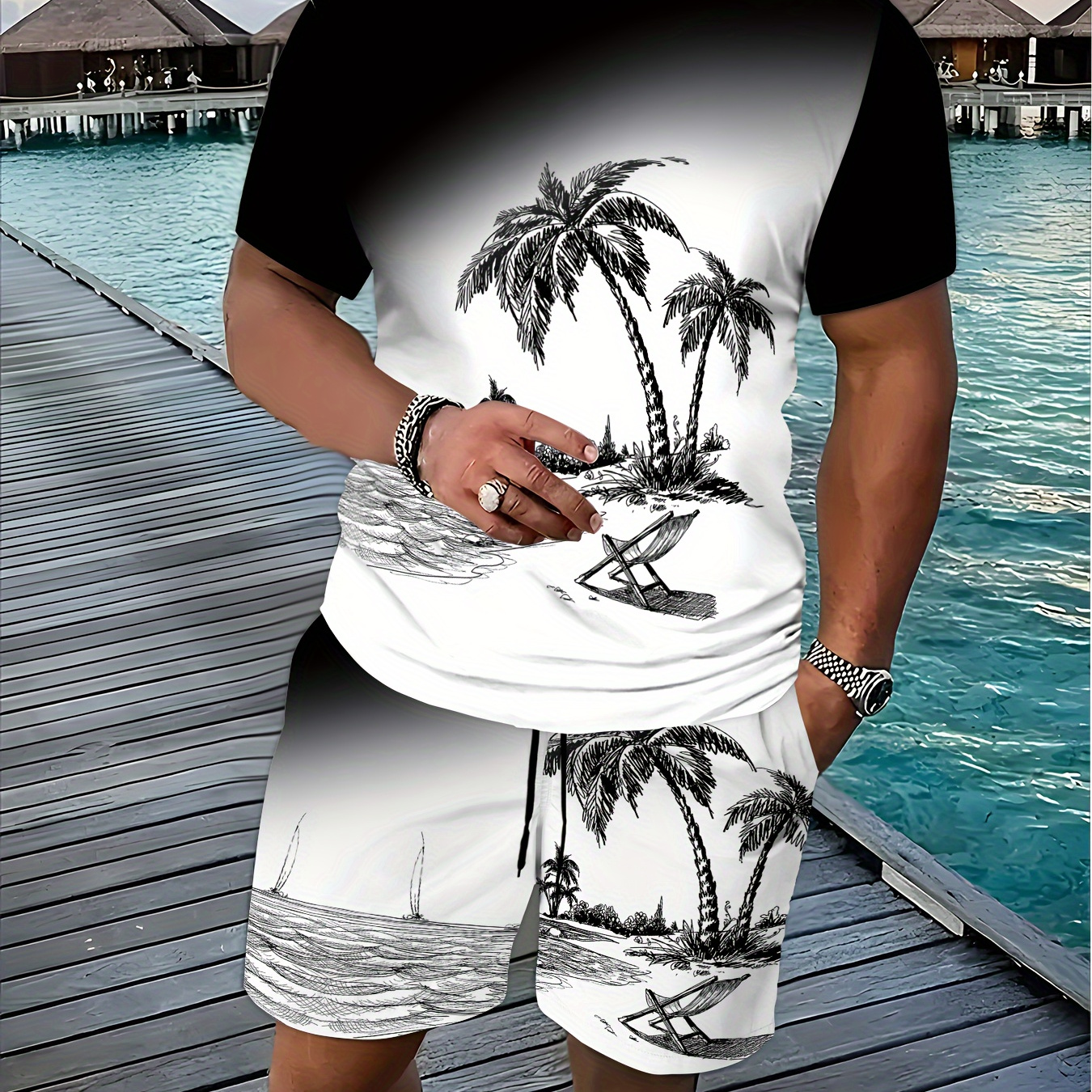 

Black & White Botanical Print T-shirt And Shorts Set - 3d , Casual Round Neck Top With Kangaroo Pocket, , Outdoor Activities, Fitness & Running - Spring/summer Collection