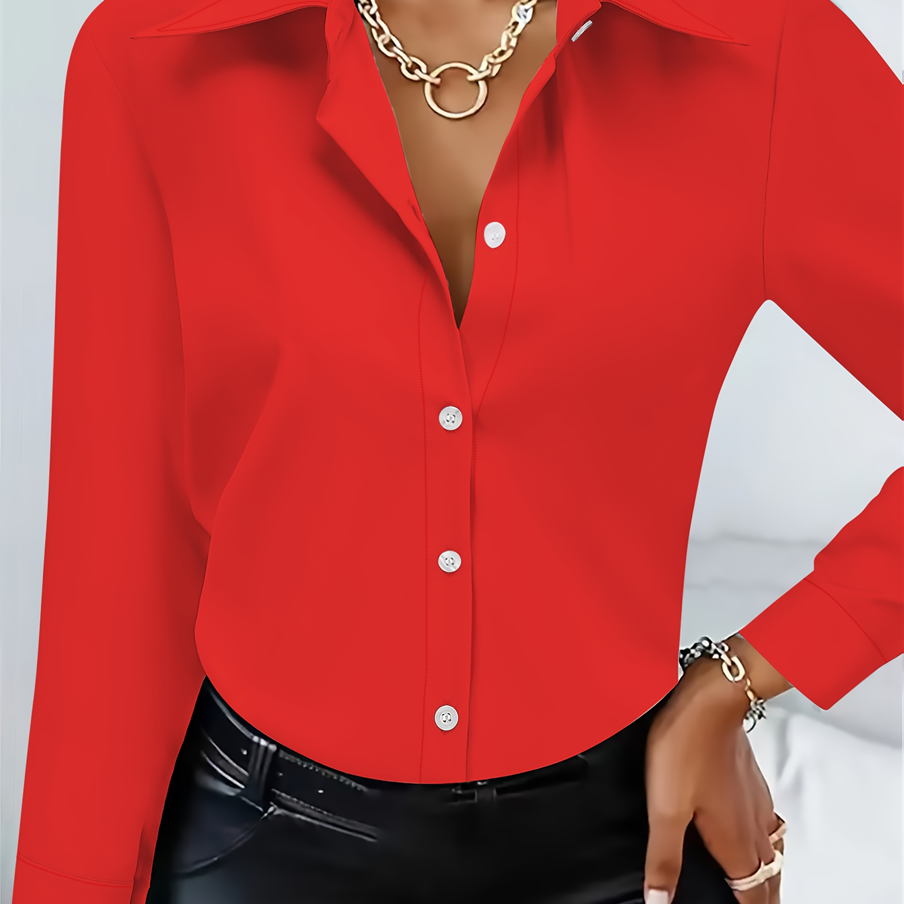 

Women's Red Long Sleeve Button-up Shirt - Casual Polyester Blouse With Pointed Collar, Wear, Machine Washable, Casual Wear | Elegant Buttonup | Smooth Texture