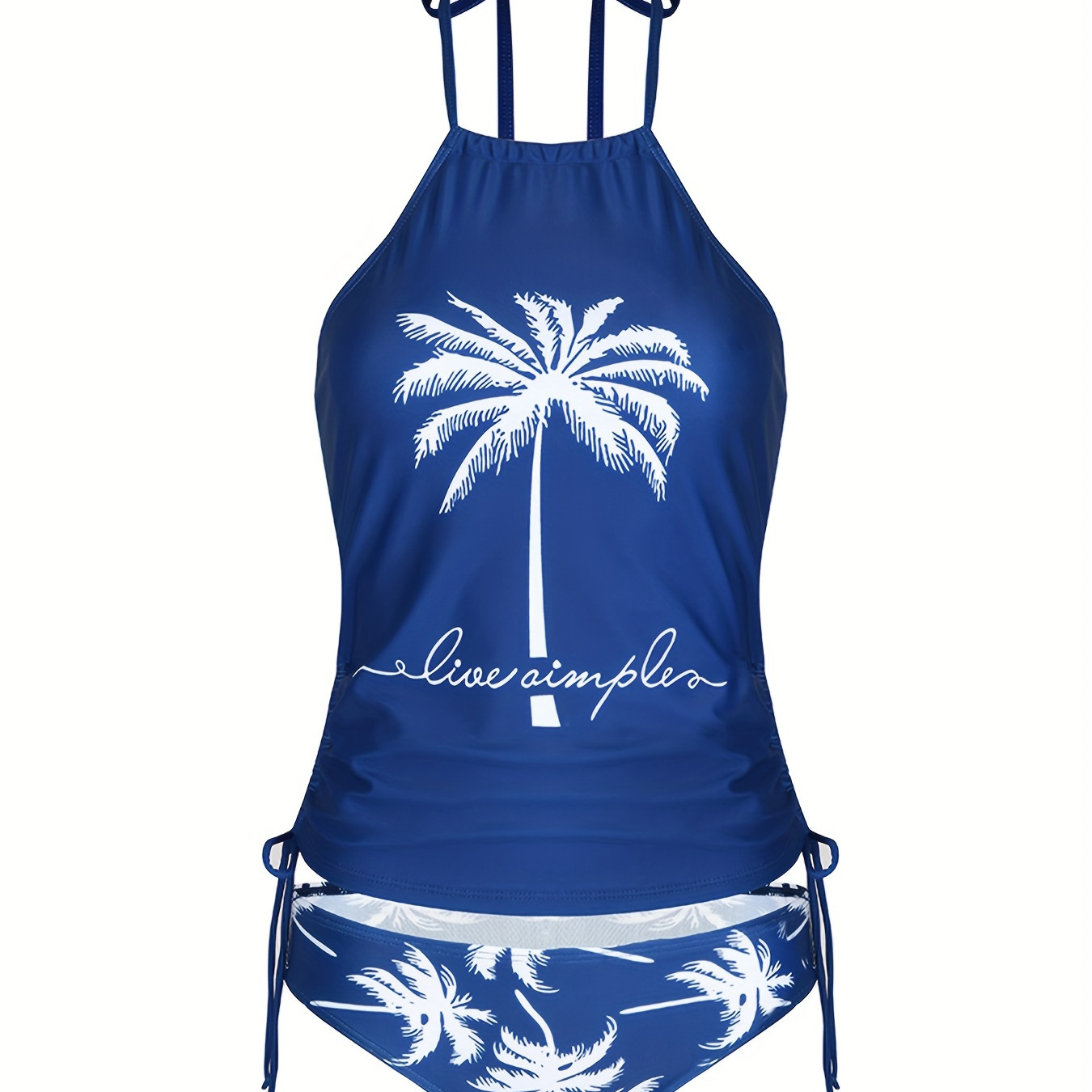 

Coconut Trees & Letter Print 2 Piece Set Tankini, Halter Neck Drawstring Tie Side High Cut Swimsuits, Women's Swimwear & Clothing