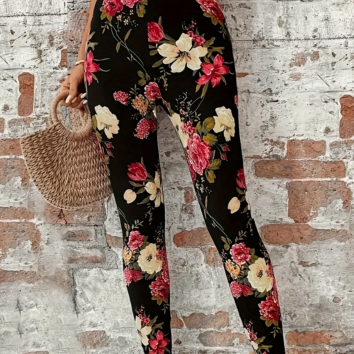 

Floral Print Skinny Leggings, Casual High Waist Stretchy Leggings For Every Day, Women's Clothing