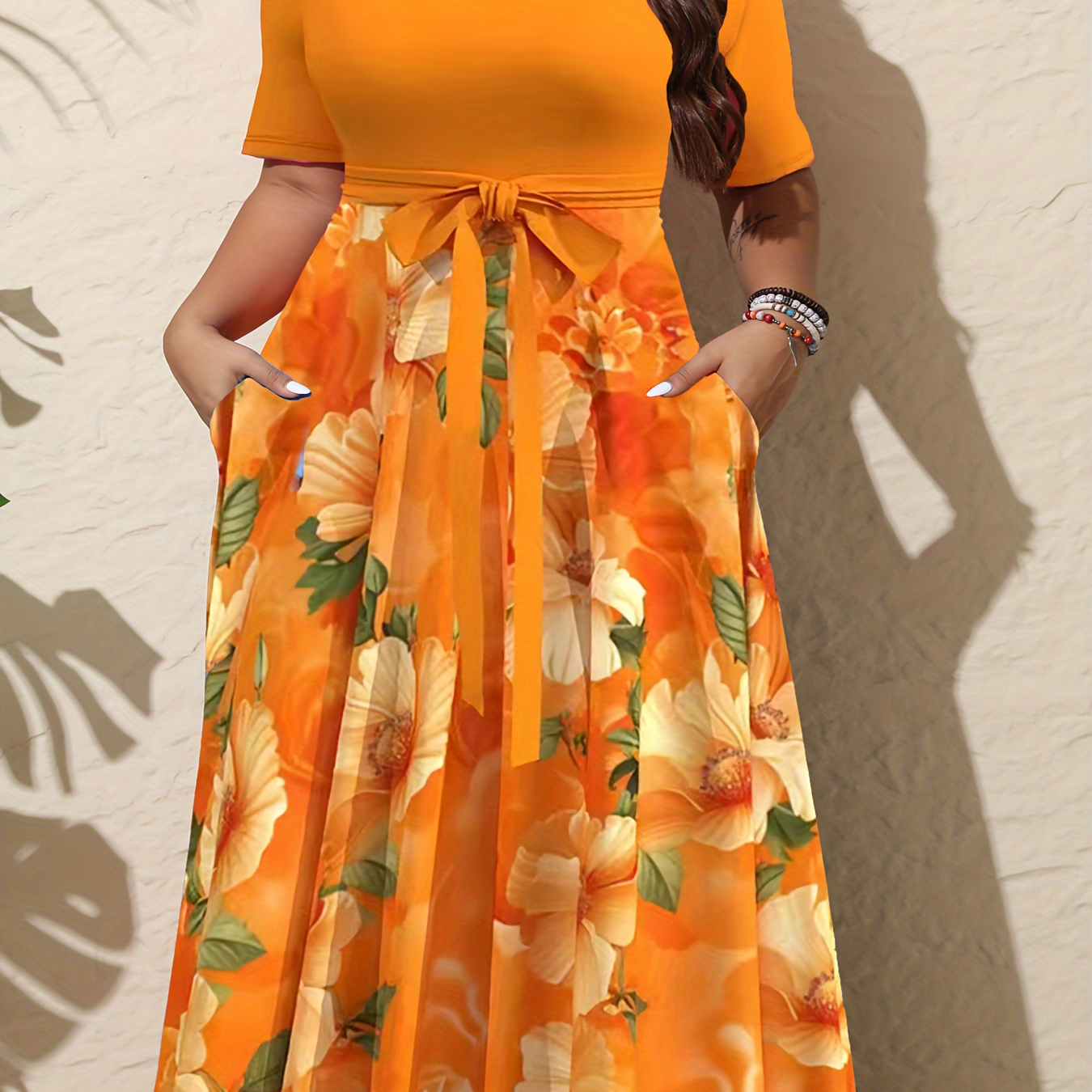 

Size Floral Maxi Dress With Pockets, Short Sleeve V-neck, Polyester With Elastane, Fit And Flare With Belt, Spring/summer/fall