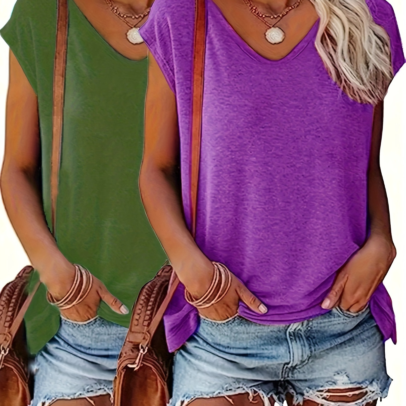 

Women's Casual V-neck Knitted T-shirt 2-pack, Athletic Style, Machine Washable, Semi-sheer, Summer Wear