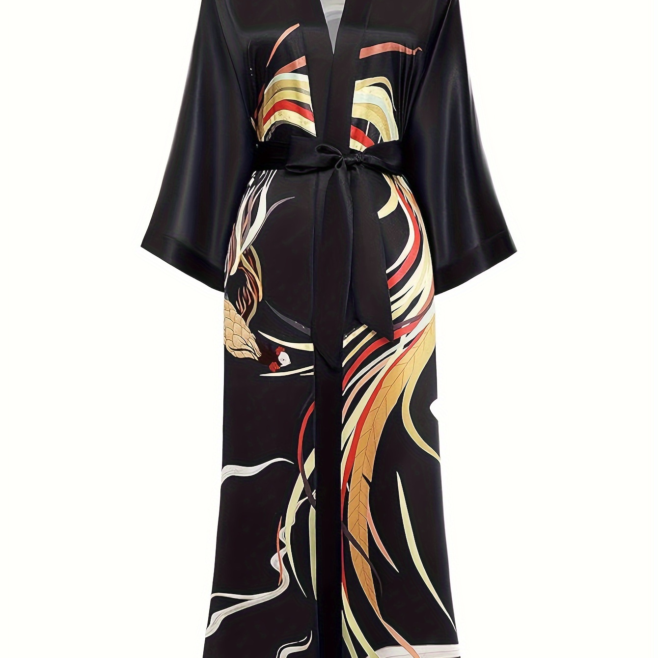 

Long Kimono Robe Satin Sleepwear Phoenix Silky Nightgown Bathrobe Blouse Cardigan For Women