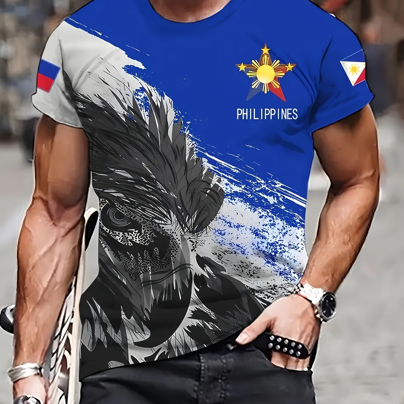 

Men's Patriotic Philippines Eagle Graphic T-shirt - Casual Crew Neck, Short Sleeve, Breathable Polyester - Splatter Design For Summer Wear & Vacation Resorts