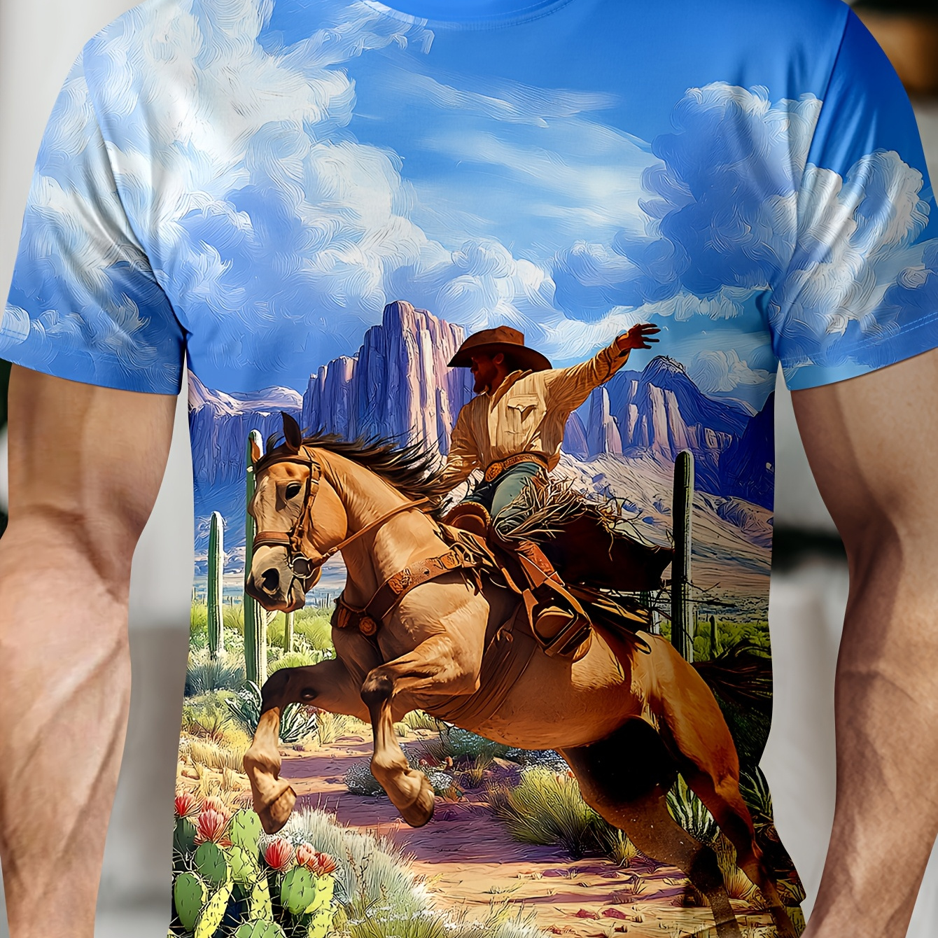 

Western Cowboy Print Men's T-shirt, Polyester Crew Neck Casual Tee, Short Sleeve Knit Fabric Top, With Slight Stretch, For Fit