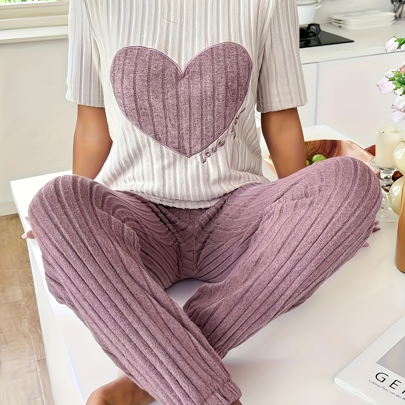 

Vnook Women's Cozy Pajama Set - Heart & Letter Print, Short Sleeve Round Neck Top With Long Pants, Soft Polyester , Machine Washable