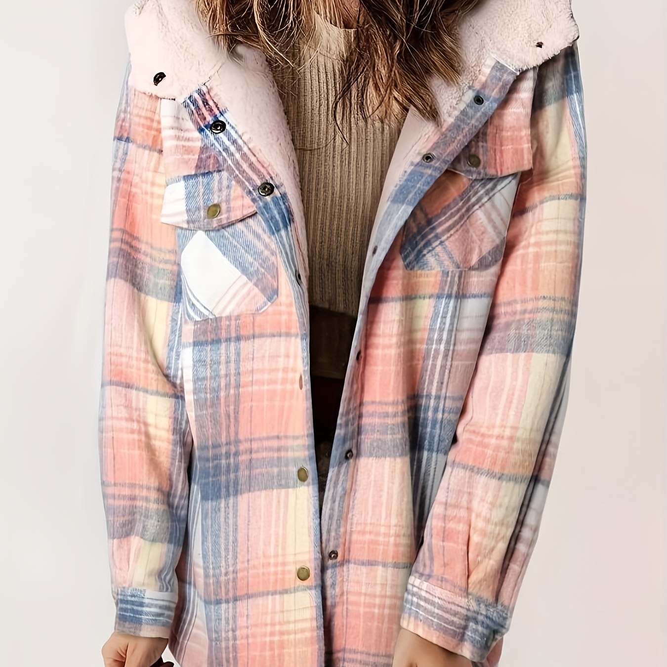 

Women's Casual Hooded Jacket - Cozy Flannel, Long Sleeve, Button-up Outerwear For Fall & Winter, Clothes, Loose Shirt, Wadded Jacket