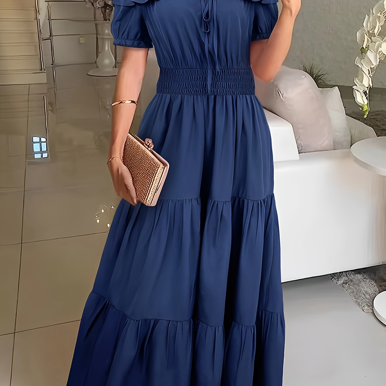 

Ruffle Trim Off-shoulder Tied Dress, Casual Short Sleeve A-line Tiered Dress For Spring & Summer, Women's Clothing Wedding Graduation Engagement Occasion Ceremony Party Holiday Vacation Birthday