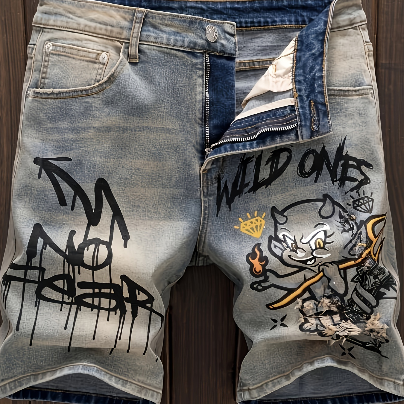 

Graffiti Style Cartoon Demon Pattern Print Men's Chic Cotton Blend Ripped Slim Fit Jorts, Street Style Summer Bottoms For Men