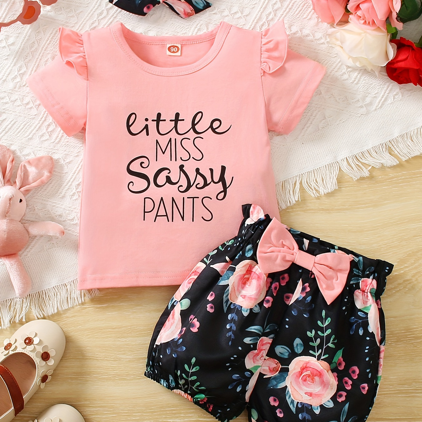 

Ensemble adorable en 3 pièces pour les bébés filles - T-shirt 'Petite Miss Pantalons Malicieux', short floral & bandeau assorti !