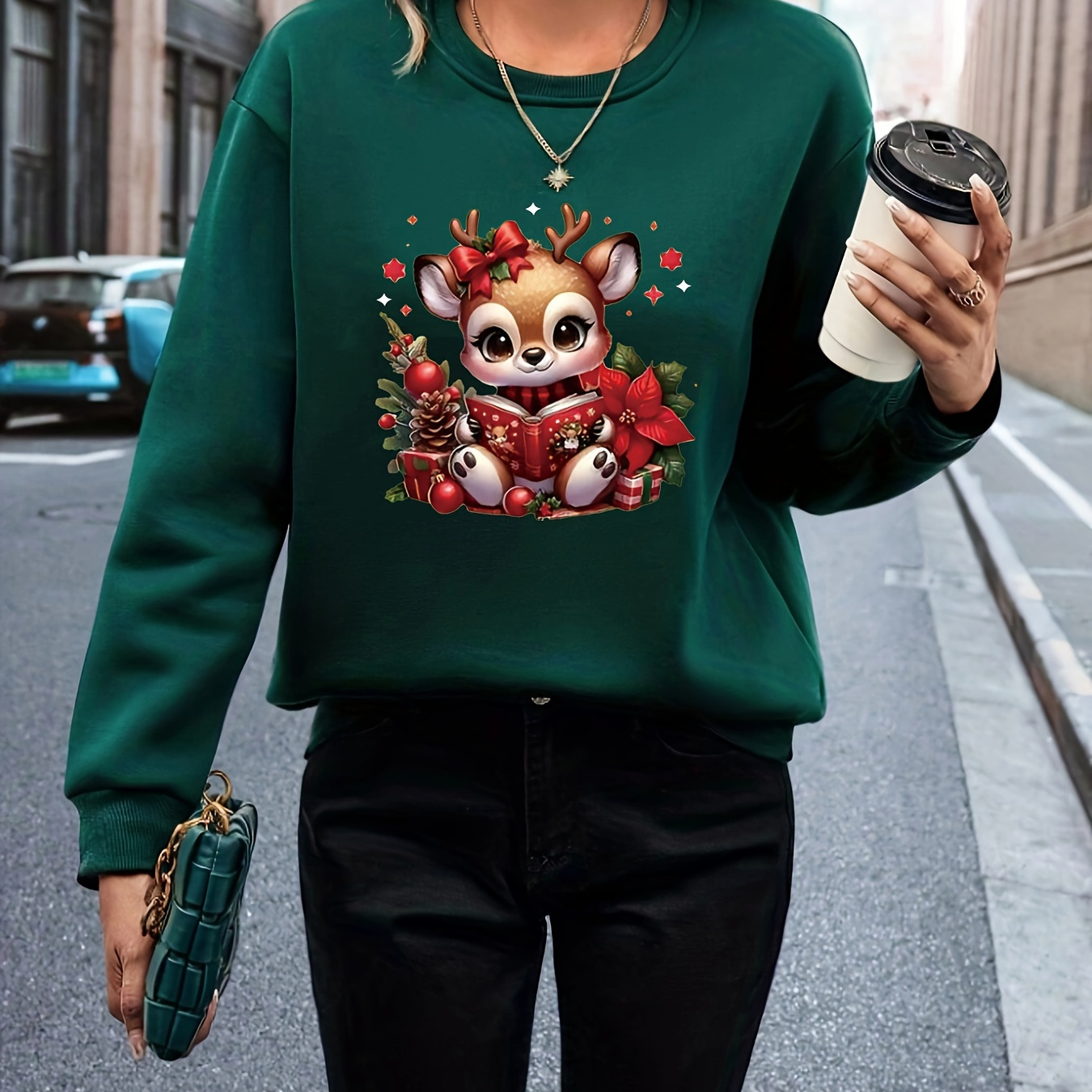 

Fall/winter Casual Sweatshirt For Women With Christmas Deer And Print, Polyester Round Neck Hoodie With Alphabet