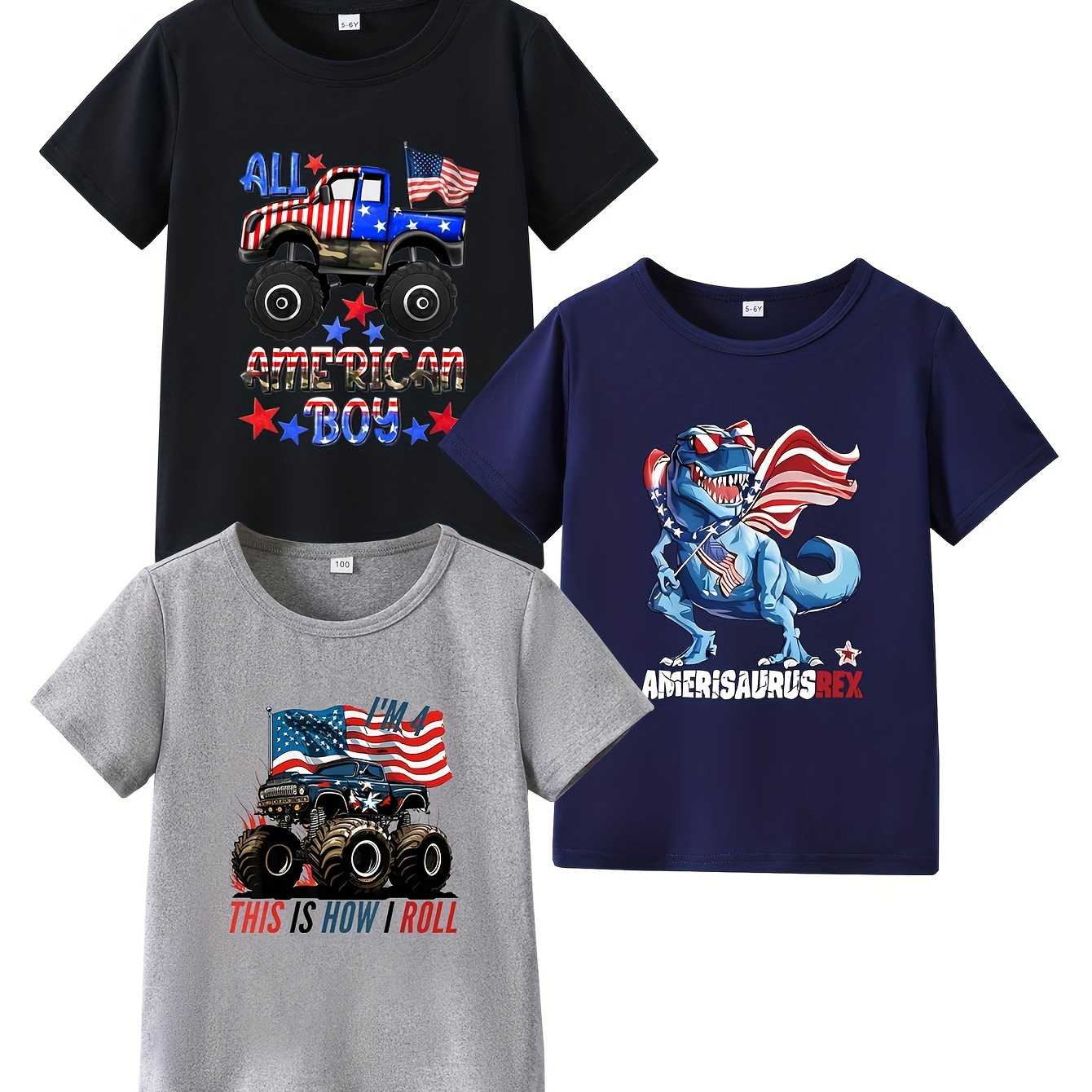 

3pcs - Casual Comfy Boys' Summer Top - Dinosaur+truck+car Print Flag Element Pattern Short Sleeve Crew Neck T-shirt Independence Day Gift