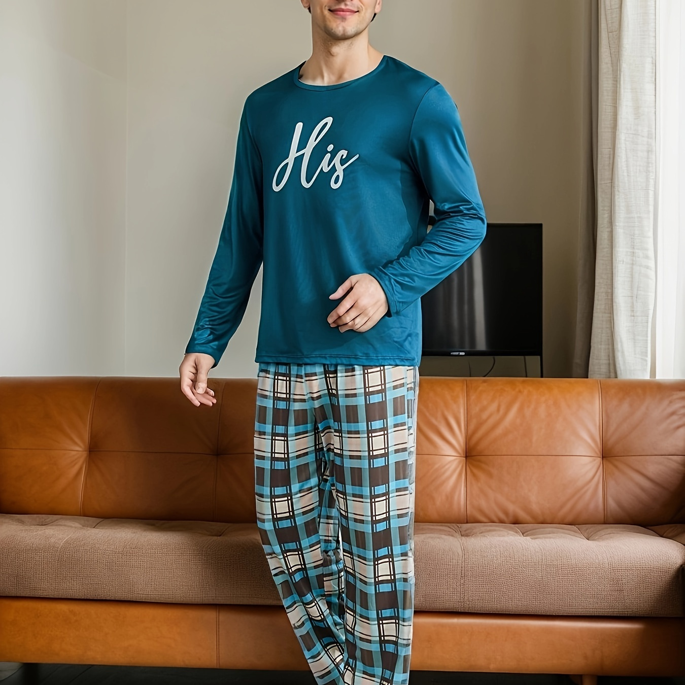 

Ensemble Pyjama Homme Printemps et Automne - T-shirt Décontracté à Manches Longues et Col Rond avec Motif Imprimé et Pantalon - Costume de Nuit Décontracté pour Homme