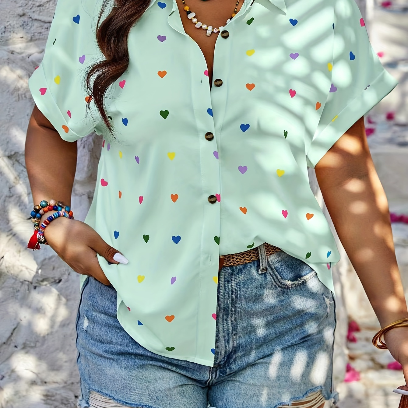

Plus Size Heart Print Blouse, Casual Short Sleeve Buttons Blouse For Spring, Women's Plus Size clothing