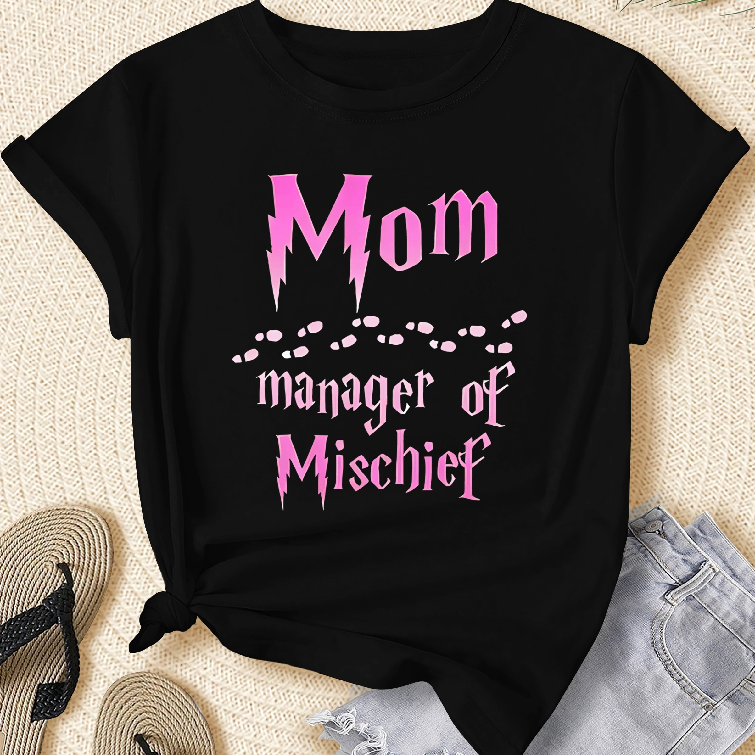 

Women's Plus Size Casual Sporty T-shirt, "mom Manager Of Mischief" Print, Comfort Fit Short Sleeve Tee, Fashion Breathable Casual Top