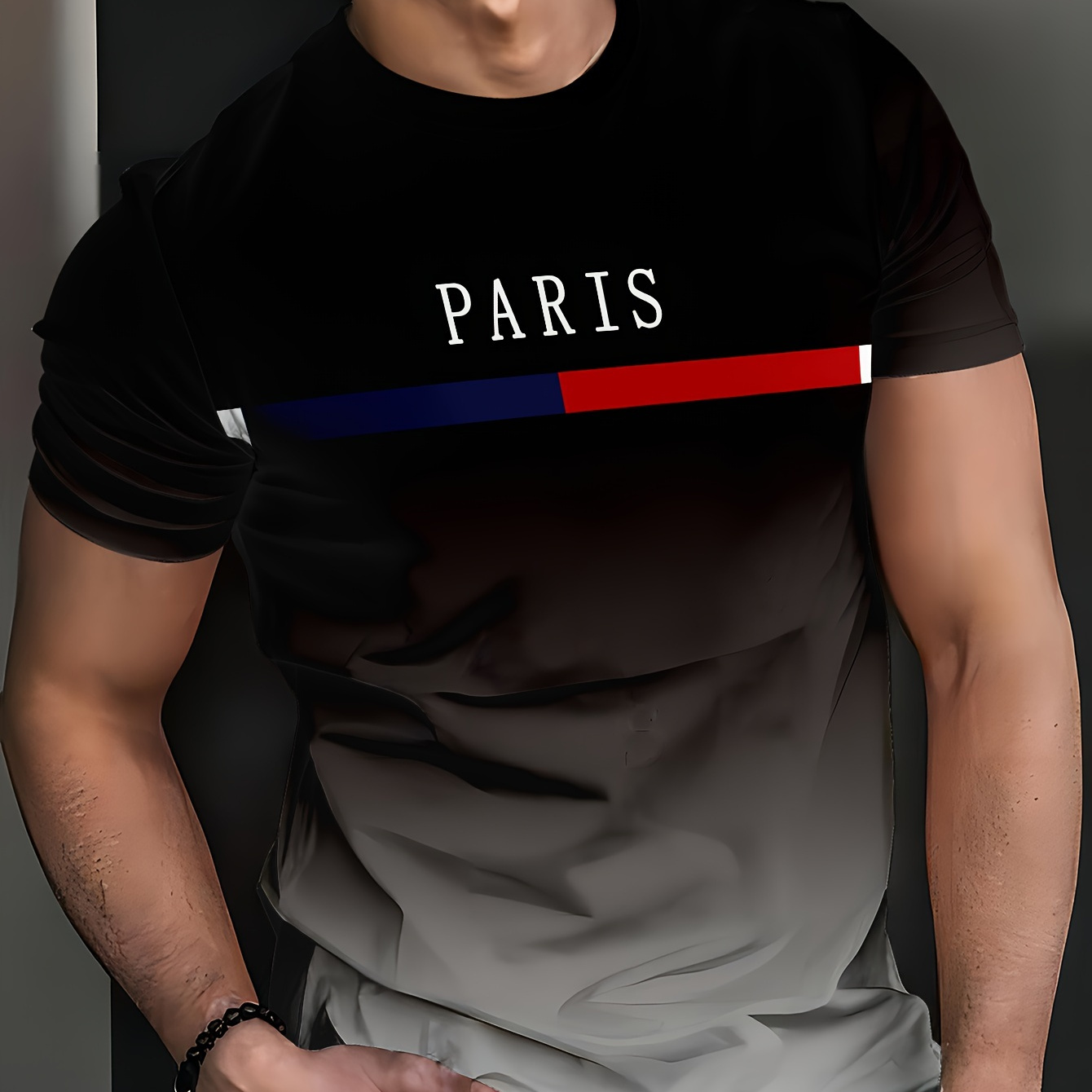 

[customer ] Men's Casual Summer Gradient Color Paris Graphic T-shirt - Polyester, Crew Neck, Regular Fit