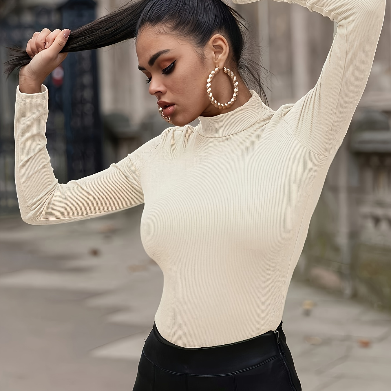 

Women's Elegant Turtleneck T-shirt 220t-111, Polyester Knit, Solid Color, Regular Length, Spring/summer/autumn Fashion Top